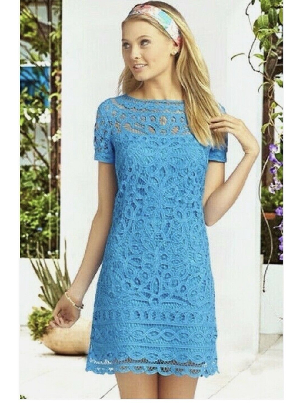 Lilly Pulitzer Mariekate Flutter Blue Go To Batt Battenburg Lace Shift Dress S